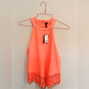 Vibrant Coral Sleeveless Top with Lace Detail